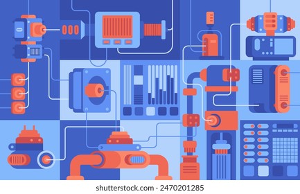 Smart industry 4.0 Robotics Industry automation, industrial IOT, innovative production process Engineering Facility Robot Arm Moving at Different Directions. High Tech Industrial vector infographic