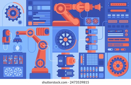 Smart industry 4.0 Robotics Industry automation, industrial IOT, innovative production process Engineering Facility Robot Arm Moving at Different Directions. High Tech Industrial vector infographic