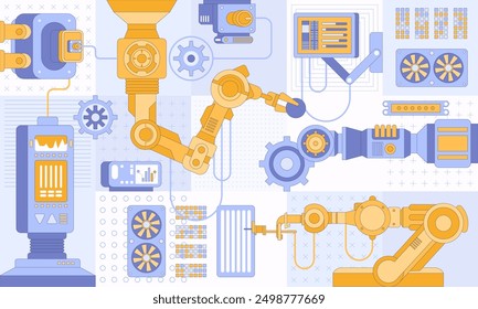 Intelligente Industrie 4.0 Robotik Industrielle Automatisierung, industrielles IOT, innovativer Produktionsprozess Engineering Facility Roboterarm Bewegt sich in verschiedene Richtungen. High Tech Industrielle Vektorgrafik