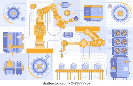 Industria inteligente 4.0 Robótica Automatización de la industria, IOT industrial, proceso de producción innovador Instalación de ingeniería Brazo de robot que se mueve en diferentes direcciones. Infografía de Vector de Industrial de alta tecnología