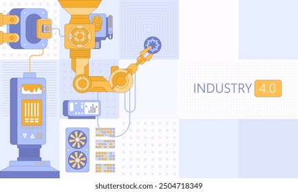 Smart industry 4.0 Robotics Industry automation, industrial IOT, innovative production process Engineering Facility Robot Arm Moving at Different Directions. High Tech Industrial vector infographic