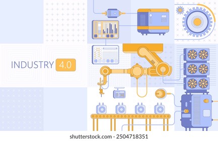 Intelligente Industrie 4.0 Robotik Industrielle Automatisierung, industrielles IOT, innovativer Produktionsprozess Engineering Facility Roboterarm Bewegt sich in verschiedene Richtungen. High Tech Industrielle Vektorgrafik