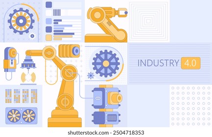 Smart industry 4.0 Robotics Industry automation, industrial IOT, innovative production process Engineering Facility Robot Arm Moving at Different Directions. High Tech Industrial vector infographic