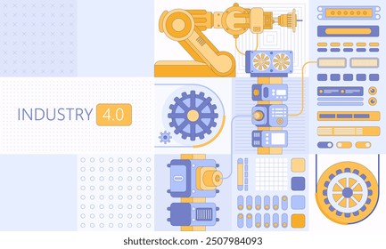 Smart industry 4.0 Robotics Industry automation, industrial IOT, innovative production process Engineering Facility Robot Arm Moving at Different Directions. High Tech Industrial vector infographic