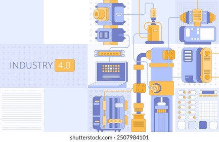 Smart industry 4.0 Robotics Industry automation, industrial IOT, innovative production process Engineering Facility Robot Arm Moving at Different Directions. High Tech Industrial vector infographic