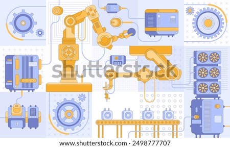 Smart industry 4.0 Robotics Industry automation, industrial IOT, innovative production process Engineering Facility Robot Arm Moving at Different Directions. High Tech Industrial vector infographic