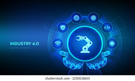 Símbolo Smart Industry 4.0 en manos de wireframe. Automatización de fábrica. Concepto de tecnología industrial autónoma. Las revoluciones industriales son pasos. Ilustración vectorial.