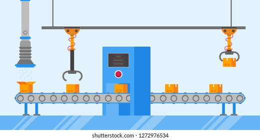 Smart industry 4.0 and technology assembly line flat style design vector illustration concept. Production conveyor belt with factory production line with robot arms, cardboard boxes and automated line