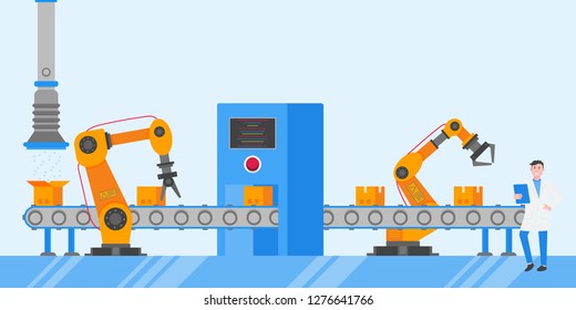 Smart industry 4.0 and technology assembly line flat style design vector illustration concept. Production conveyor belt and operator production line with robot arms, cardboard boxes and automated line