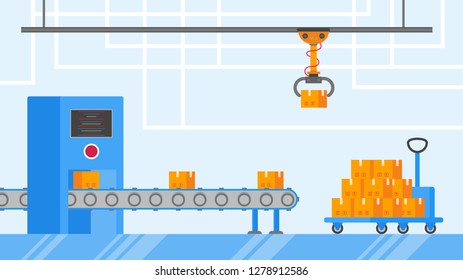 Smart industry 4.0 and technology assembly line flat style design vector illustration concept. Production conveyor belt with factory production line with robot arms, cardboard boxes and automated line