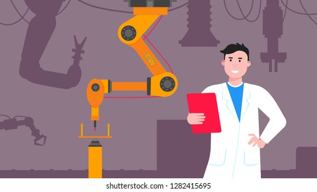 Smart Industry 4.0 And Technology Assembly Line Flat Style Design Vector Illustration Concept. Production Conveyor Belt And Operator Production Line With Robot Arms, Cardboard Boxes And Automated Line