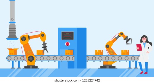 Smart industry 4.0 and technology assembly line flat style design vector illustration concept. Production conveyor belt and operator production line with robot arms, cardboard boxes and automated line