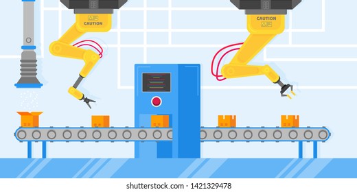Smart industry 4.0 and technology assembly line flat style design vector illustration concept. Production conveyor belt production line with robot arms, cardboard boxes and automated line