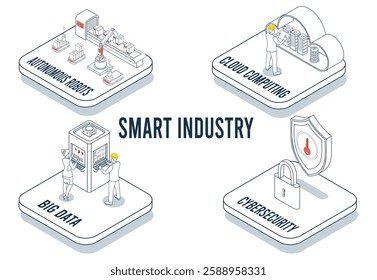 Smart Industry 4.0 transforms manufacturing by combining IoT, AI, cybersecurity, robots, big data and cloud computing for automated production.