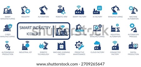 Smart Industry 4.0 vector icon set. Featuring robotic arm, AI factory, IoT, automation, digital manufacturing, and predictive maintenance concepts.