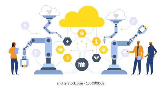 Smart industry 4.0 vector illustration. Internet of things technology. Efficient smart factory with workers and robots. User connecting with a tablet and sharing data with a cyber-physical system.