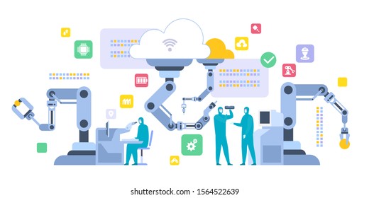 Smart industry 4.0 vector illustration. Internet of things technology. Efficient smart factory with workers and robots. User connecting with a tablet and sharing data with a cyber-physical system.
