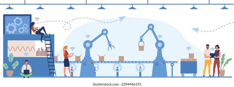 Industria inteligente. Automatización de la producción y flujos de trabajo en manufacturas. Transportador moderno con brazos robóticos innovadores. Los empleados administran y controlan la línea de producción. Dibujo vectorial plano de dibujos animados