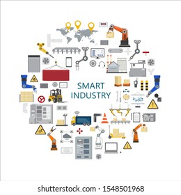 Smart industry concept with factory and warehouse equipments flat design vector illustration