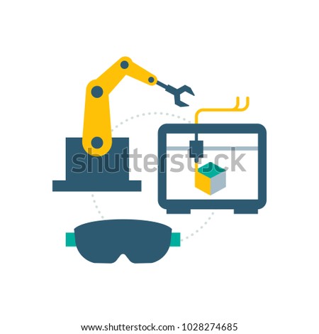 Smart industry concept: robotic arm, 3d printer and vr glasses