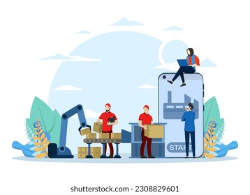 Smart Industry Concept, Showing how robot machine automation is involved in modern factory production stage, Suitable for landing page, UI, web, app intro card and more, Vector Illustration.