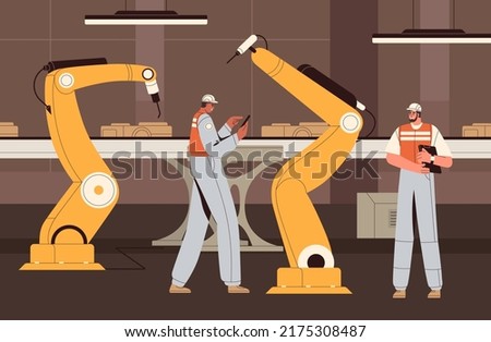 Smart industry with conveyor belt and robots controlled by people. High-tech machines, equipment work under workers supervision. Automated manufacturing assembly line. Flat vector illustration