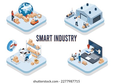 Industria inteligente con empaque de producción de desarrollo, asociación logística global, entrega, línea de producción automatizada. Ilustración vectorial Eps10