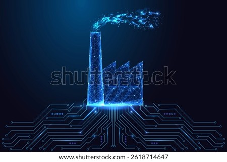 Smart industry and digital manufacturing concept with glowing polygonal factory connected to circuit board on dark blue background. Futuristic low poly style, abstract vector illustration.