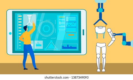 Smart Industry Expert at Work Flat Illustration. Cartoon Engineer Planning Robots Production via Tablet. Automated Manufacturing Process. Robotic Arms Joining Humanoid Elements, Parts