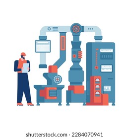 Industria inteligente Trabajador de fábrica o ingeniero Máquinas industriales Equipo de fabricación electrónica Tecnología de ingeniería Mecánico profesional u operador Vector aislado en fondo blanco