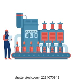 Industria inteligente Trabajador de fábrica o ingeniero Máquinas industriales Equipo de fabricación electrónica Tecnología de ingeniería Mecánico profesional u operador Vector aislado en fondo blanco
