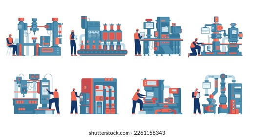 Trabajadores de fábricas inteligentes Personas Máquinas industriales, equipos de fabricación electrónica, tecnología de ingeniería, estampadores y ensambladores, mecánicos profesionales y operadores Vector conjunto aislado