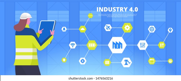 Smart industry flat banner vector template. Female factory worker cartoon character. Modern manufacturing control network poster. Engineer holding electronic device illustration with text space