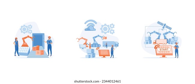 Smart industry, innovative manufacturing. work flow With clever device, Engineer working with interactive interface, set flat vector modern illustration