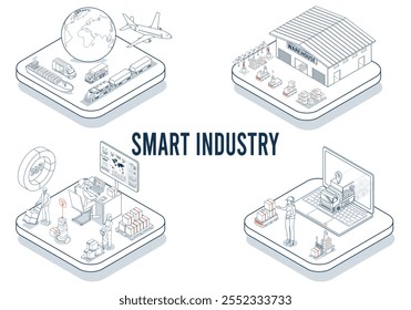 Smart Industry integra IoT, computación en la nube, IA, aprendizaje automático y otras tecnologías digitales para revolucionar la fabricación.  Ilustración vectorial eps10