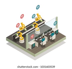 Smart industry intelligent manufacturing fully automated welding line with remote controlled robotic hand isometric composition vector illustration 