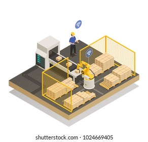 Smart industry intelligent manufacturing isometric composition with robotic arm and automated conveyor delivery warehouse production vector illustration 