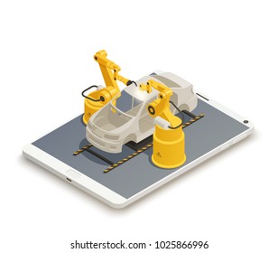 Smart Industry Intelligent Manufacturing Isometric Composition With 2 Robotic Arms In Automotive Assembly Line Vector Illustration