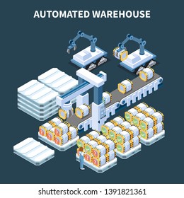 Smart industry intelligent manufacturing isometric composition with images of automated arm manipulators conveyor and storage cans vector illustration
