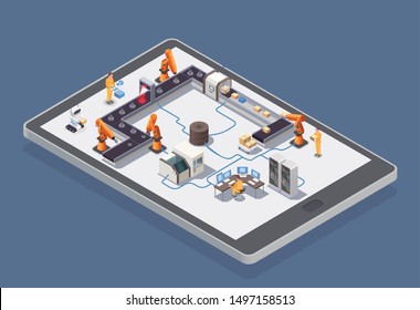 Smart industry isometric composition with automated robots working on factory 3d isometric vector illustration