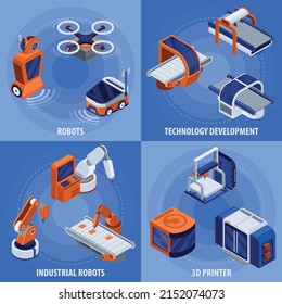 Iconos de concepto isométrico de la industria inteligente ajustados con símbolos robots ilustración vectorial aislada