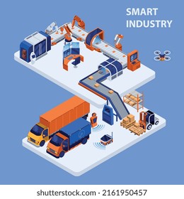Concepto isométrico de la industria inteligente con tecnología y símbolos de fabricación ilustración vectorial