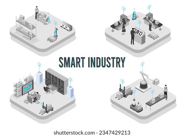 Diseño isométrico inteligente de la industria con empaque de producción de desarrollo, asociación logística global, entrega y línea de producción automatizada. Ilustración vectorial Eps10