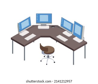 Smart Industry Isometric Icon With Control Centre Room With Four Computers 3d Vector Illustration