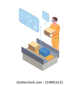 Smart Industry Isometric Icon With Innovative Factory Equipment Conveyor And Worker 3d Vector Illustration