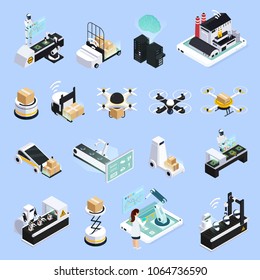 Smart Industry Isometric Icons Set With Isolated Images Of Automated Production Facilities With Robots And Drones Vector Illustration