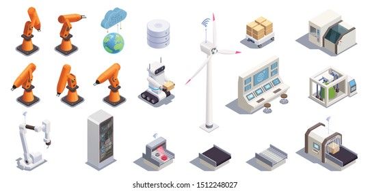 Smart Industry Isometric Icons Set With Remote Controlled Robots Data Center Computers For Monitoring 3d Isolated Vector Illustration