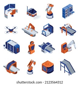 Smart industry isometric icons set with technology symbols isolated vector illustration