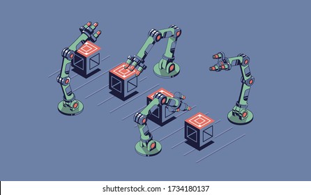 Smart industry isometric illustration. Robotic manipulators shift boxes on the conveyor.