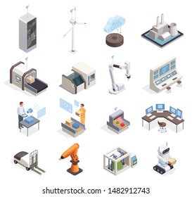 Smart industry isometric set with various automated facilities icons isolated on white background 3d vector illustration